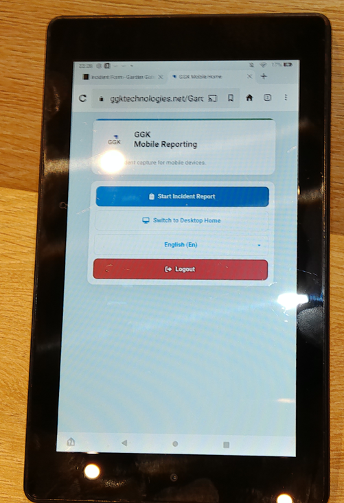 GGK mobile reporting home screen shown on a tablet device